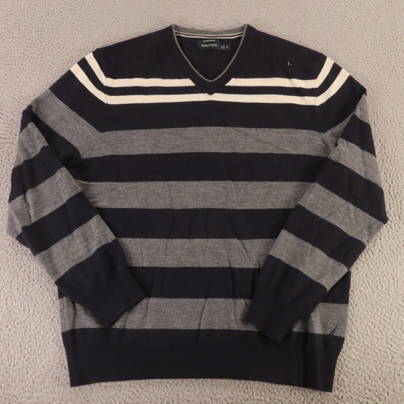 Nautica Sweater Mens XL Gray Striped 100% Wool Merino V Neck - Picture 1 of 8